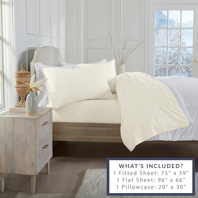 Market & Place 100% Turkish Cotton Flannel Sheet Set | 3 Piece Deep Pocket Solid Cozy Winter Bed Sheets | Double Brushed for Extra Softness & Comfort | Chalet Collection (Twin, Ivory)