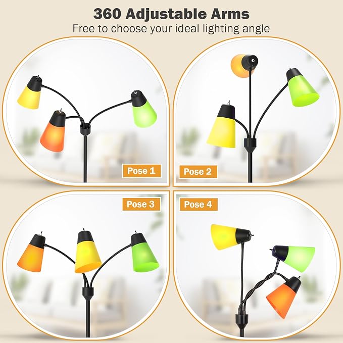 FOLKSMATE 3-Light Floor Lamp, LED Medusa Muiti-Head Adjustable Arc Standing Lamp, Tree Tall Light for Living Room, Kid Room, Bedroom, Black