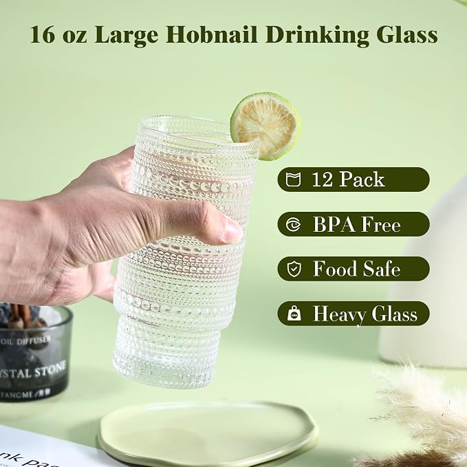 Large Capacity 16 oz Hobnail Drinking Glasses Set of 12, Vintage Glassware Drinking Glasses, Clear Water Glasses Tumbler, Cups for Kitchen, Juice, Beer, Cocktail, Whiskey