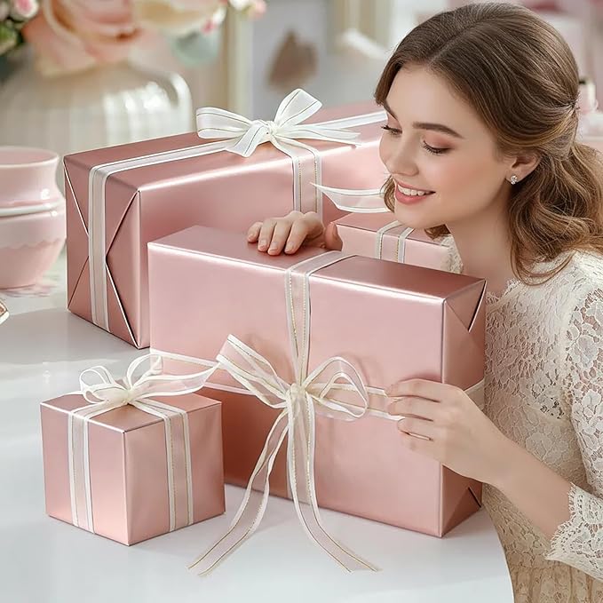 Rose Gold Wrapping Paper, 17inch x 33ft Matte Metallic Wrapping Paper, Gift Wrapping Paper Roll Perfect for Birthday, Christmas, Baby Shower, Wedding, Valentine's Day, DIY Invitations, Arts & Crafts
