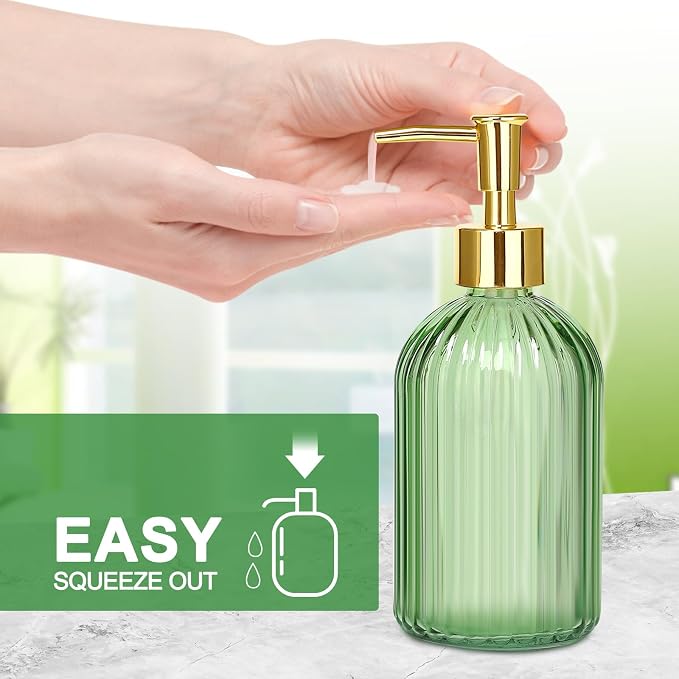 Haturi Bathroom Accessories Set, 4 Pcs Green Glass Bathroom Accessory Set Complete w/Lotion Soap Dispenser, Toothbrush Holder, Qtip Holder, Vanity Tray, Gold Bathroom Decor, Gift for Home Apartment