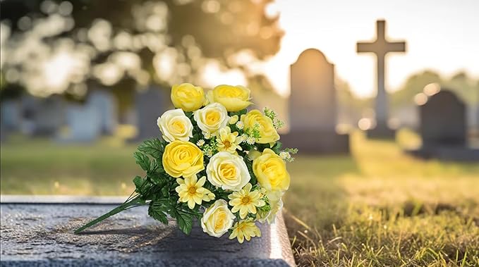 Hollyone Set of 2 Artificial Cemetery Flower for Graves Yellow Cemetery Memorial Flowers for Outdoor Grave Decorations Silk Flower Arrangements Rose Ranunculus Gerbera Floral Flowers Bouquets