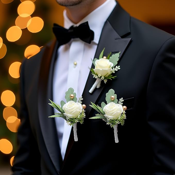 Jowxsx 2Pcs Roses Boutonniere for Men Wedding, Groom Groomsman Artificial White Rose Flowers with pins for Wedding Anniversary Celebration,Prom,Party,Home Decoration Artificial Flowers