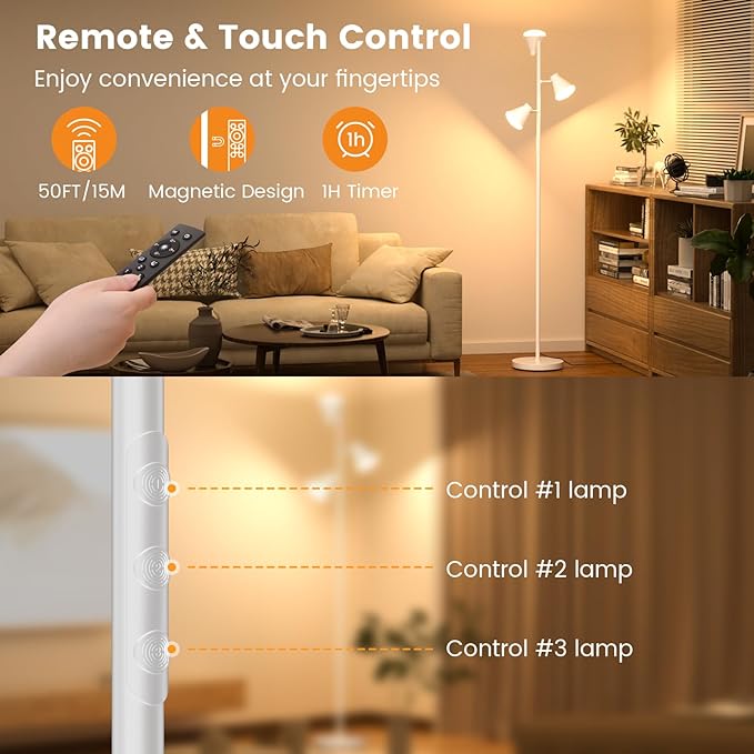 SIBRILLE 36W LED Tree Floor Lamp, Dimmable Tall Standing Lamp with Remote & Touch Control, 4 Color Temperatures Bright Floor Lamp, 3 Rotatable Light Modern Floor Lamps for Living Room Bedroom Office