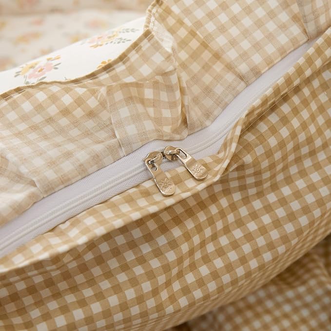 EAVD Girls Floral Duvet Cover Twin White Soft 100% Cotton Chic Garden Yellow Pink Floral Bedding Set with 2 Pillowcases Vintage Style Ruffle Floral Comforter Cover with Zipper