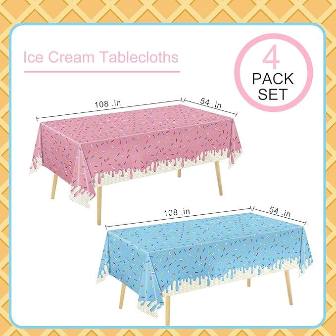 4 Pack Ice Cream Tablecloth, Ice Cream Birthday Party Decorations, Sprinkle Donut Table Cover for Girls Sweet One Birthday Party Decorations, 54 X 108 Inch