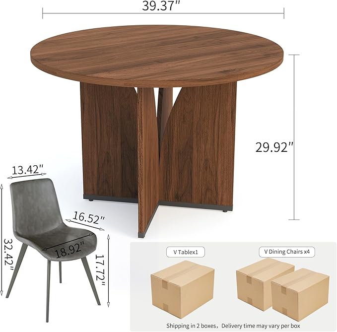 HIPIHOM Modern Round Dining Table Set for 4, 39.4" Walnut Kitchen Table with 4 PU Leather Chairs, 5-Piece Mid-Century Dining Room Set for Small Spaces, Pedestal Base