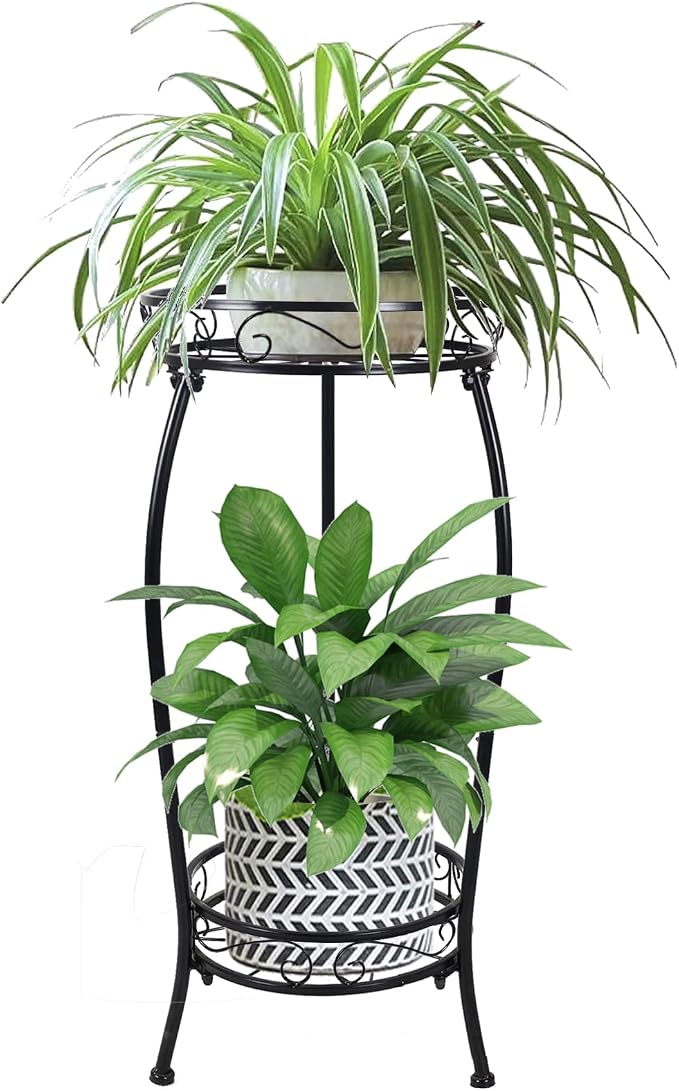MOCORY Plant Stand Indoor Outdoor 2 Tier 25" Tall Metal Potted Holder Flower Pot Stand Heavy Duty Plant Shelf Rustproof Iron Multiple Plant Round Supports Rack for Planter Corner Garden Balcony Patio