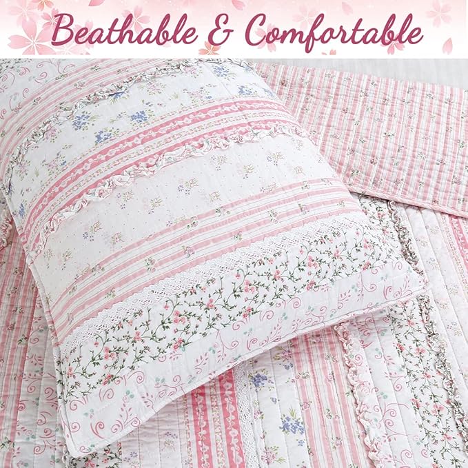 Cozy Line Home Fashions Shabby Chic Pink Flower Lace Ruffle Stripe 100% Cotton Reversible Quilt Bedding Set, Coverlet, Bedspread (Pink, Queen - 4 Piece: 1 Quilt + 2 Sham + 1 Décor Pillow)