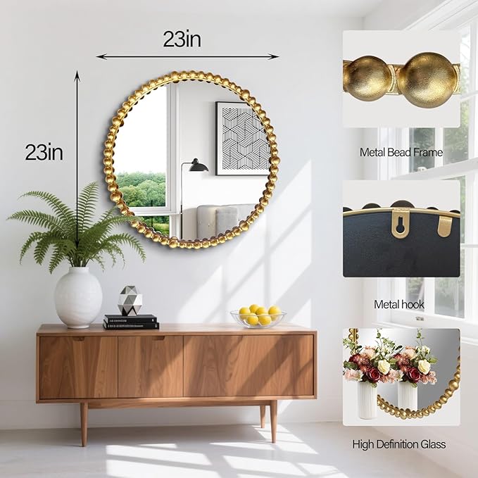Gold Round Mirror with Beaded Frame ，Circle Antique Bathroom Vanity Mirror Decorative Wall Mirrors for Living Room,Bedroom, Entryway