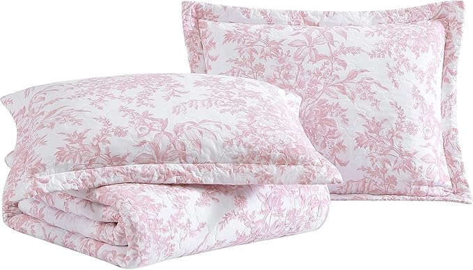 Laura Ashley - Queen Quilt Set, Soft & Reversible Cotton Floral Bedding with a Medium Weight Feel, 3 Piece Bed Set with Matching Pillowcases (Bedford Pink)