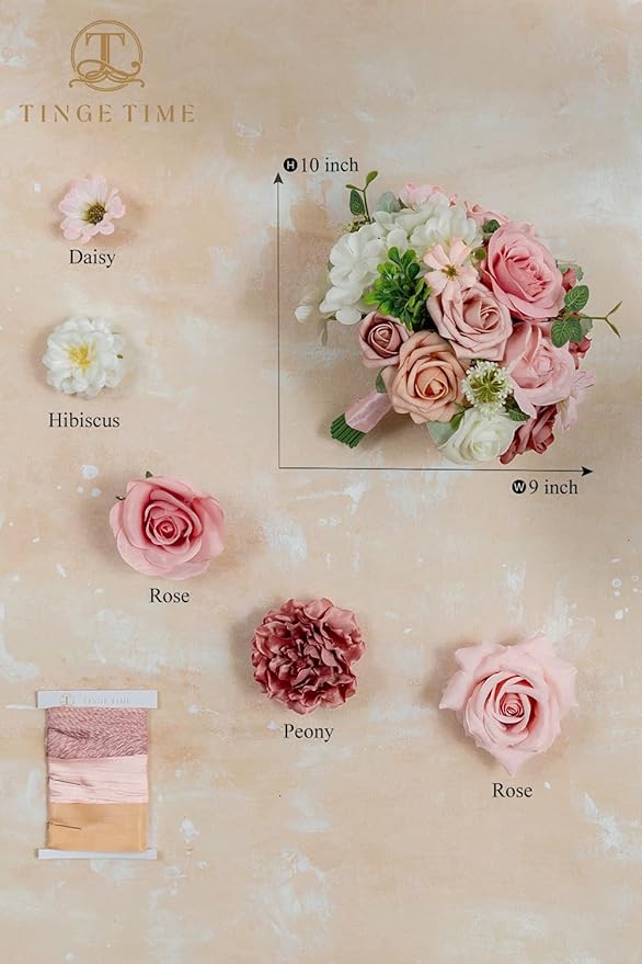 TINGE TIME 9 inch Bridal Bouquets for Bride, Artificial Silk Flowers Tossing Bouquet, Bride Bouquets for Wedding,Ceremony, Anniversary (DustyRose&Cream)