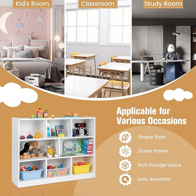 KOTEK Toy Storage Organizer, 8 Cubby Kids Bookshelf, Wooden 4-Tier Bookcase Storage Cabinet, Open Display Book Shelf for Daycare, Nursery, School Classroom, Playroom & Bedroom (White, 8 Cubes)