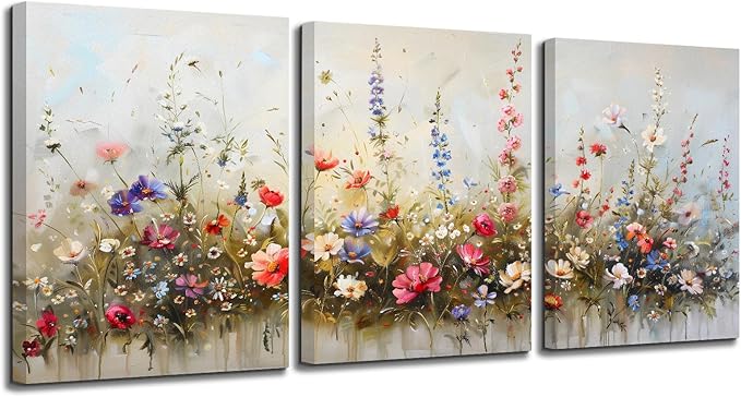 SERIMINO Large Wall Art for Living Room Canvas Prints, Nature Floral Botanical Wall Art Set 3 Piece Farmhouse Decor, Misty Flowers Modern Home Decor Paintings for Bedroom Bathroom 20"X28"
