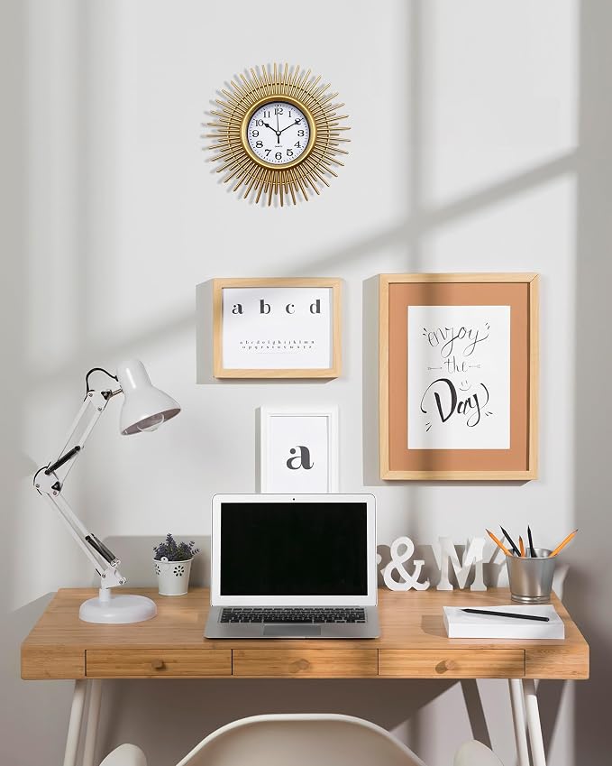 Gold Sunburst Wall Clock Battery Operated Aanlog, 10 Inch Modern Boho Decorative Wall Clock for Living Room, Bedroom, Kitchen, Office, Bathroom, Farmhouse