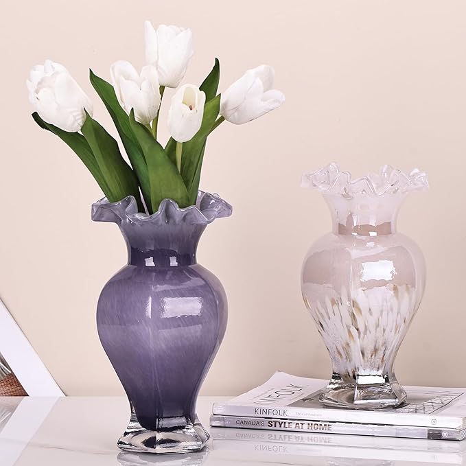 9.5" Tall Purple Glass Vase Beautiful Hand Blown Glass Decor Flowers Vases for Centerpieces, Modern Murano Glass Art Purple Vase, for Home Decor Table Entryway Wedding Decoration