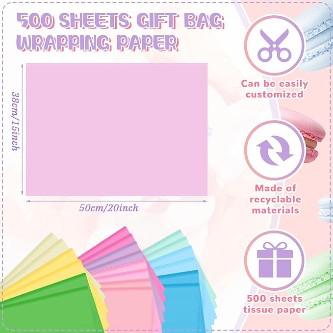 Qilery 500 Sheets Rainbow Pastel Tissue Paper Bulk for Gift Bags 15 x 20 Inch Acid Free Macaron Packaging Wrapping Decoupage Paper Sheets for Christmas Wedding Decoration DIY Flowers, Pom Poms, Crafts