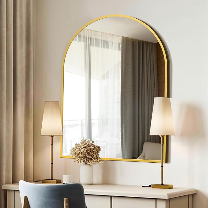 FICTOR Bathroom Mirror for Wall, Arched Vanity Bathroom Mirror for Over Sink, Metal Framed with HD Shatter-Proof Glass for Entryway, Living Room,Bedroom(30” x 40”, Gold)