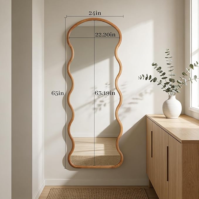 WallBeyond 24"x65" Full Length Wood Arched Mirror, Natural Wood Boho Accent Mirror with Wavy Design, Decorative Floor or Wall Mounted for Bedroom
