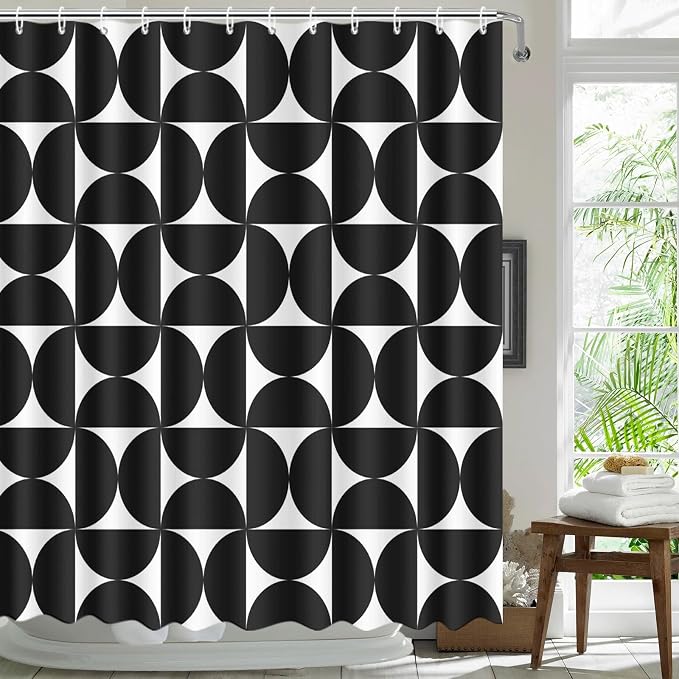 MEHOFOND Vintage Black Shower Curtain Modern Mid Century Abstract Geometric Bathroom Curtain Boho Retro Classic Bathtub Decor Fabric Waterproof Bath Curtain with 12 Hook 72x72 Inch