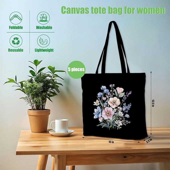Decohim Multiple Packs Floral Japanese Print Canvas Tote Bag Reusable Grocery Bags Gifts for Women Girls Birthday Christmas