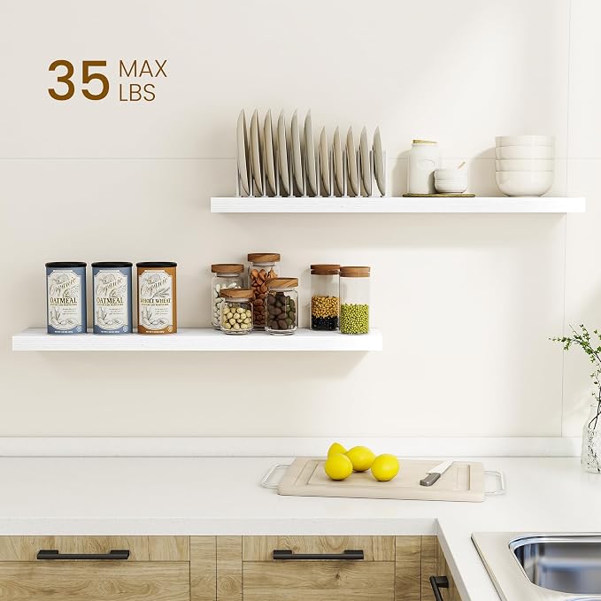 Dreamland 36Inch Floating Shelves for Wall, Rustic Wooden White Floating Shelves for Bathroom|Bedroom|Kitchen, Deep Wall Mounted Book Shelf, Wood Storage Display Shelf for Home Decor, Set of 2