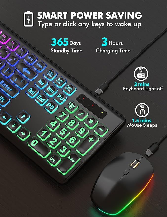 Wireless Keyboard and Mouse Combo, RGB Backlit, Rechargeable & Light Up Letters, Full-Size, Soft Typing, Sleep Mode, 2.4GHz Quiet Keyboard Set for Mac, Windows, Laptop, PC, Trueque (Matte Black)
