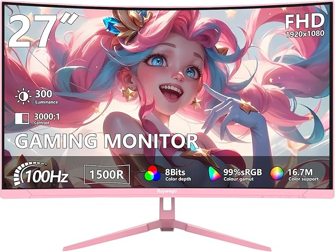Pink 27 inch Curved Gaming Monitor 100Hz,FHD 1080P,1500R LED Display,Pink Computer Monitor,3ms (MPRT),FreeSync,Eye-Care Technology, DP, HDMI Port for Gaming Home Office,VESA(75mm×75mm)
