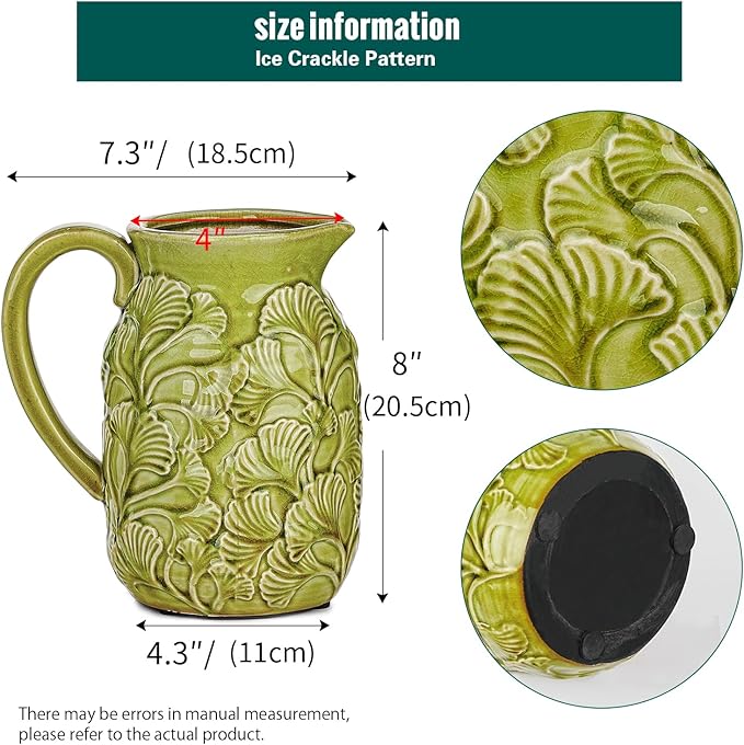 Sungmor Embossed Ceramic Pitcher Vase, Decorative Green Farmhouse Ceramic Pitcher for Flowers, Vintage Textured Vase for Table, Kitchen & Home Decor, 8 Inch with Ice Crackle Glaze Finish