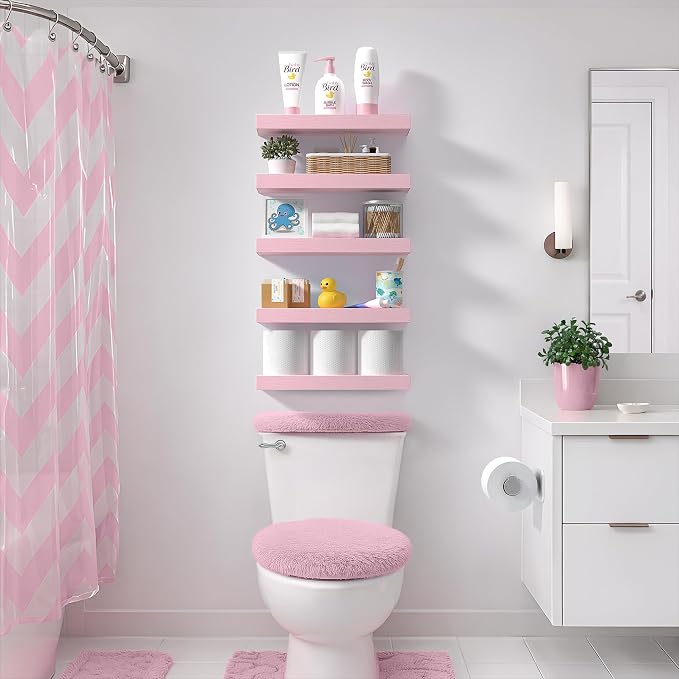 Sorbus Floating Shelves for Wall – 16 Inch Floating Shelf for Kitchen, Bedroom, Living Room, Bathroom, Home & Wall Decor - Mounted Bathroom Shelves with Invisible Brackets (Soft Pink, 4 Pack)