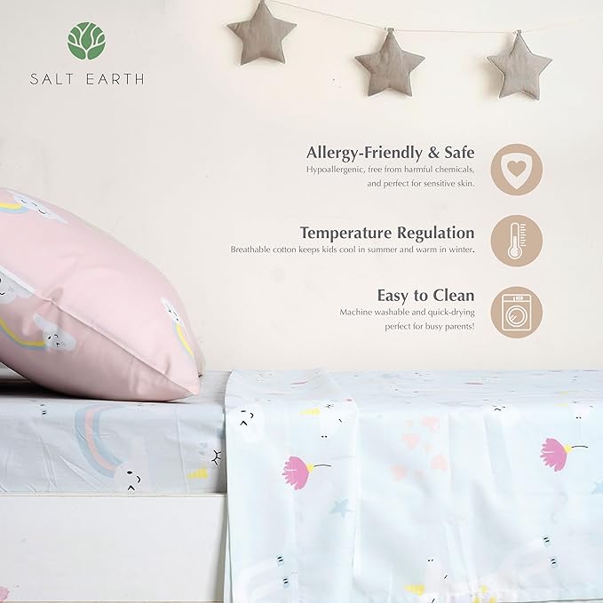 Salt Earth 100% Cotton 210TC Kids Bedsheet, Twin Sheets Set, Toddler Bed, 3 Piece Bedding Set Including Flat Sheet, Fitted Sheet & Pillowcase, Themed Cute Sheets Kids Bed (Unicorn/Rainbow Pillow)