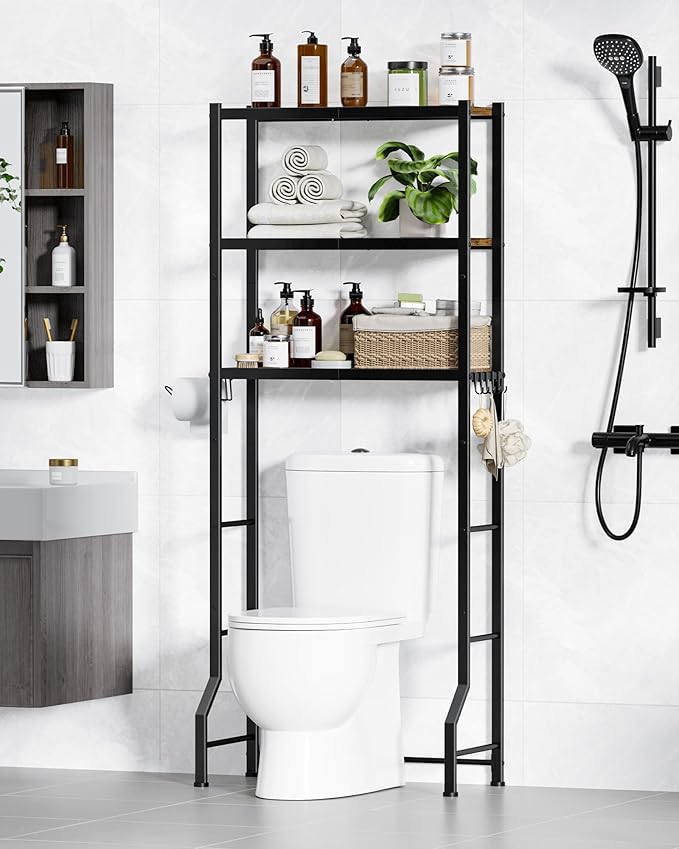 Kitsure Over The Toilet Storage Cabinet, Sturdy Bathroom Organizer, Easy Assembly, 3-Tier Shelf (61" H), Space Saving Storage for Small Bathroom, Heavy Duty Metal Frame, Brown & Black