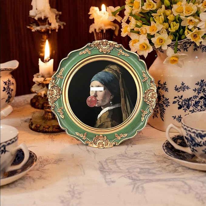 WINPLUS+ Vintage Picture Frame 4x4 Round,Luxury Antique Photo Frame With Golden Distressed Flower Furnishing, Retro Style Decor, Real Glass Front,Wall Mount and Tabletop Display, Art Gallery (4*4