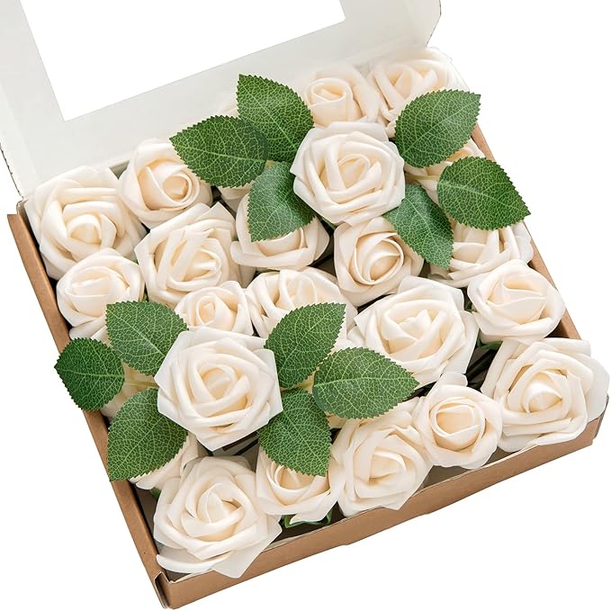 Ling's moment Artificial Wedding Flowers 1.5" Rose Buds and 2" Petite Roses 25pcs Cream w/Stem for DIY Wedding Boutonniere Wrist Corsages Bouquets Centerpieces Arrangements