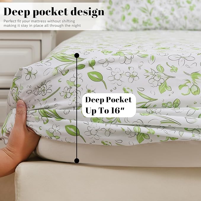 Bedlifes King Sheet Set Ultra Soft, Breathable, Silky Flower Deep Pocket 100% Microfiber Bedding, 4 Piece King Size Green Floral