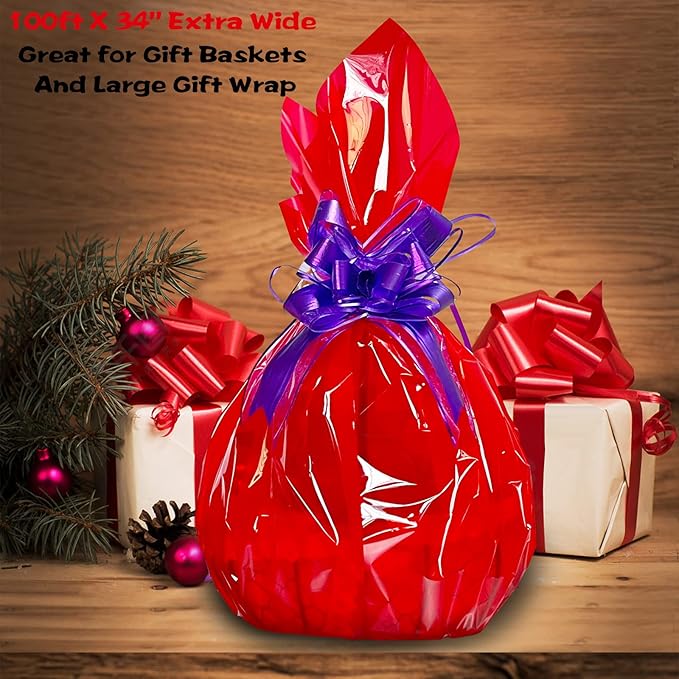 100 ftx34 in Extra Wide Red Cellophane Wrap, Translucent Festive Red Cellophane Wrapping Paper for Gift Baskets, Colored Cellophane Wrap Roll for Treats, Cookies, Holiday, Christmas Decoration