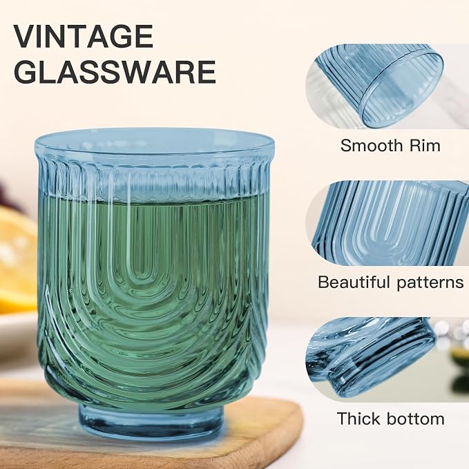 JOVGANK Blue Vintage Glassware Set of 6-14Oz Blue Water Drinking Glass, Art Deco Ripple Highball Glass, Whiskey Cocktail Glasses, for Bar Ice Coffee Juice, Housewarming Gifts and Mother's Day Gift