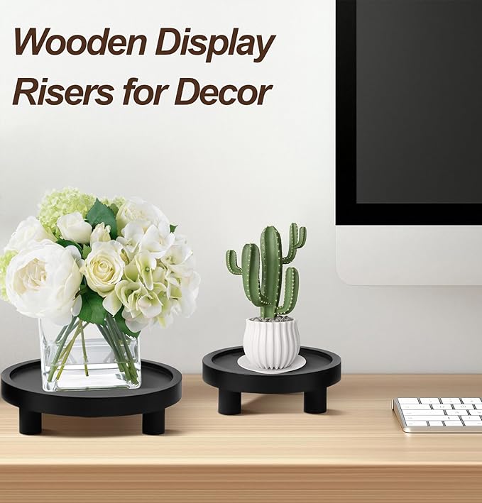 3 Pcs Wood Plant Stand Indoor Outdoor, Wooden Stool Display Stand 5/6/8" Round Riser Flower Pot Holder with Raised Edge Small Planter Tray Modern Potter Decorative for Garden Desktop Home Table Counter Room (Black)