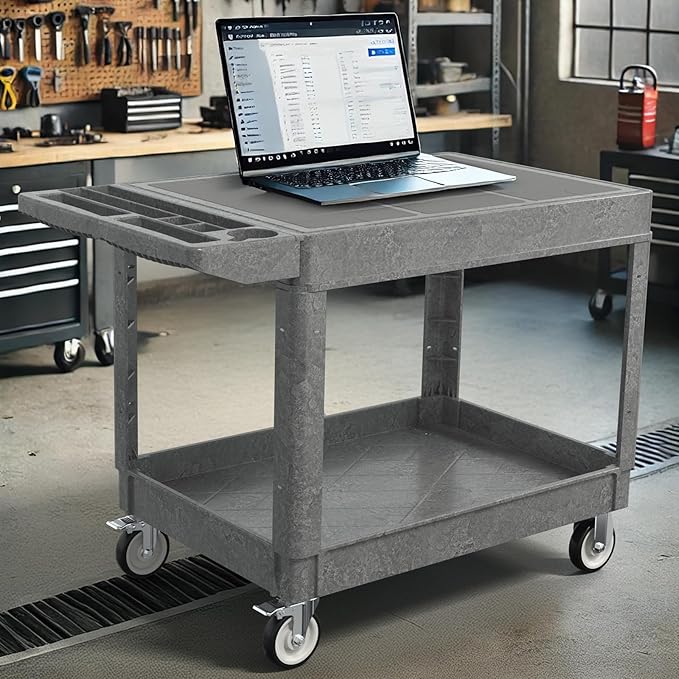 Large Garage Flat Top Utility Cart, Heavy Duty 2 Shelf Tool Cart Service Cart Rolling Push Carts with Ergonomic Handle 5" Swivel Casters.