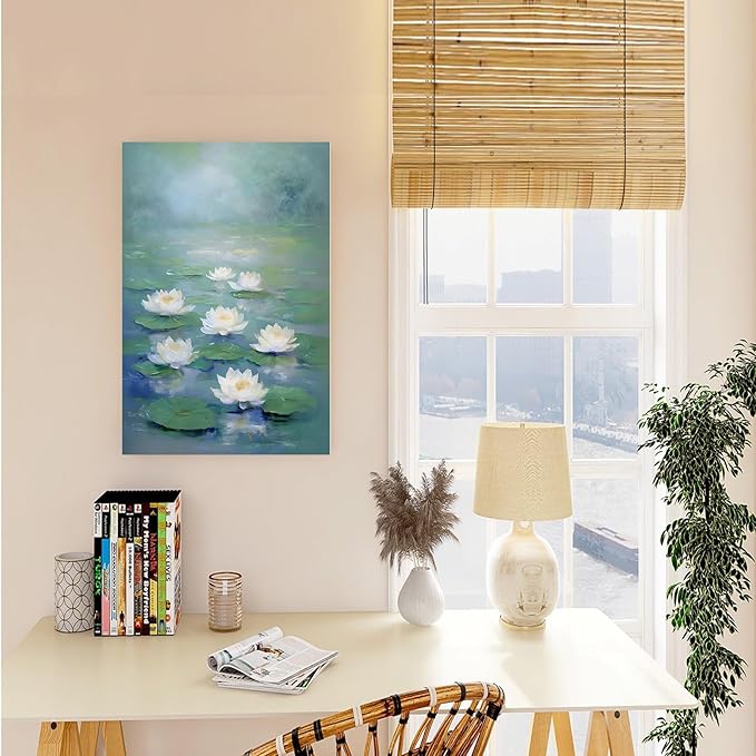 Zen wall art Delicate white lotus flower floating on calm water Vintage oil painting print Serene aquatic wall art creates a tranquil home decor 8x12in Wood Framed