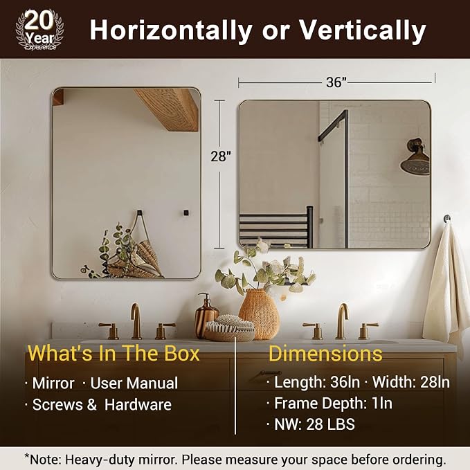 ANDY STAR Gold Bathroom Mirrors for Over Sink, 28x36 Inch Brushed Brass Wall Mirror, Rectangular Metal Framed Vanity Mirror -Modern Clean Design with Superior Stainless Steel Frame