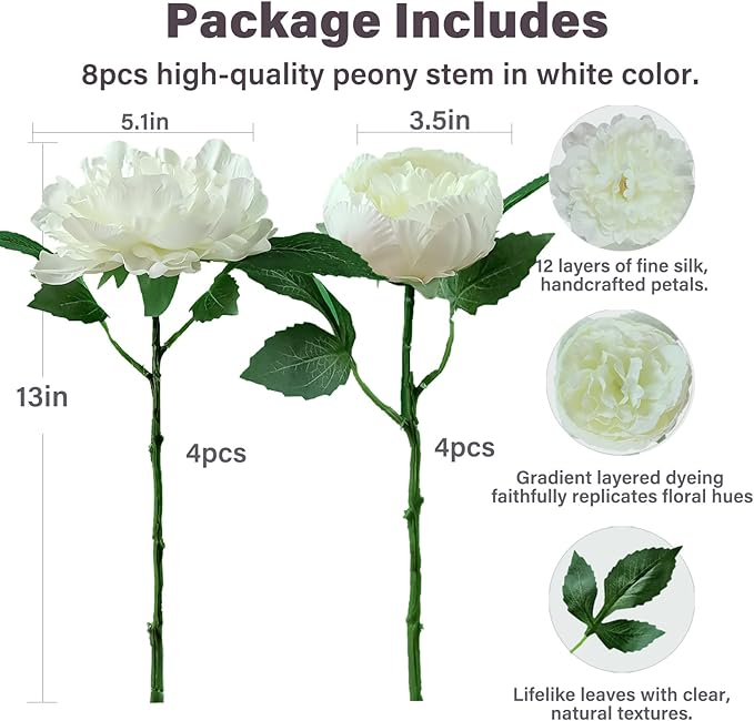 Premium White Peonies Artificial Flowers, Bulk Fake Silk Peony Flowers with Stems, Faux Florals for DIY Wedding Bridal Bouquets, Floral Arrangements, Table Centerpieces, Home Decorations