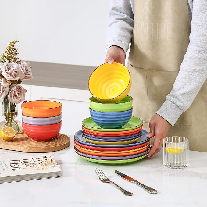 Selamica Ceramic Plates and Bowls Sets,18 Pieces Dinnerware Sets for 6,Dishwasher & Microwave Safe dish set,Family & Holiday Dining, Dopamine