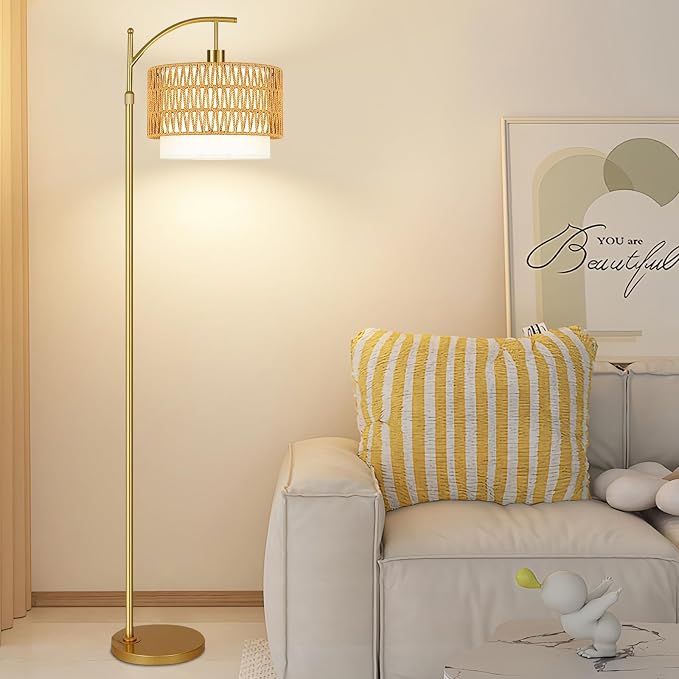 Gold Floor Lamps for Living Room Rattan Boho Floor Lamp with Remote Control & 3 Color Temperature, Dimmable Arc Floor Lamps Wicker Lamp Shades Brass Standing Lamp Tall Floor Lamp For Bedroom Corner