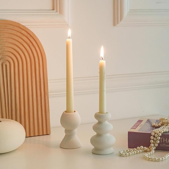 Taper Ceramic Candle Holders, Set of 2 Matte Boho Decorative Candlestick Holders,Table Decor Centerpiece for Home Decor Dinning Wedding Party Aromatherapy Votive (Matte Ivory, Style A)