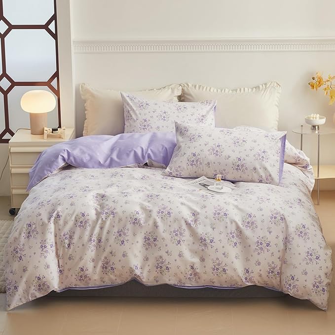 HighBuy Boho Floral Comforter Set Queen Purple Flower Bedding Comforter Set Comfy for Queen Bed,Luxurious Soft Floral Comforter with 2 Pillowcases Women Girl Botanical Cooling Comforter Sets
