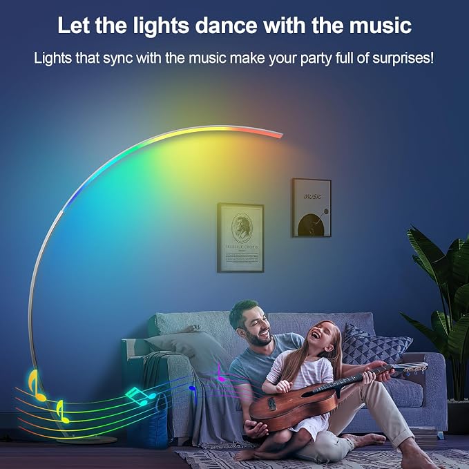 RGB Floor Lamp with 3 Color Temperatures, Ultra Bright 1800LM Smart Arc LED Floor Lamp with Remote Control, Music Sync, Scene Modes, Modern Standing Tall Lamp for Bedroom Living Room-Brushed Nickel
