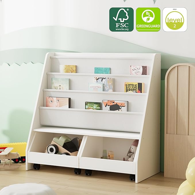 NACHES Kids Bookshelf,Toddler Bookcase Toy Bin with 2 Drawers 3 Sling Pockets –Children Bookshelf with Storage for Bedroom,Nursery or Playroom FSC Wood,Trapezoid 35" W, White (2 Movable Drawer)