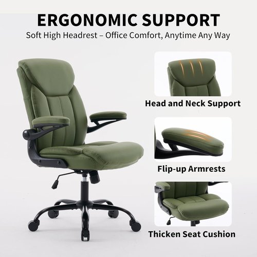 Comfy Ergonomic Desk Chair by Home Office | Adjustable Leather Executive Chair with Flip-Up Armrests & 360° Swivel (Green)