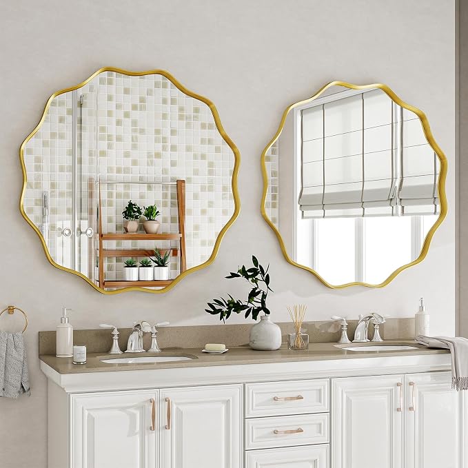 Round Wavy Mirror, 24 Inch Metal Frame Circle Mirror, Round Wall Mounted for Entryway, Bathroom, Vanity, Living Room, Gold